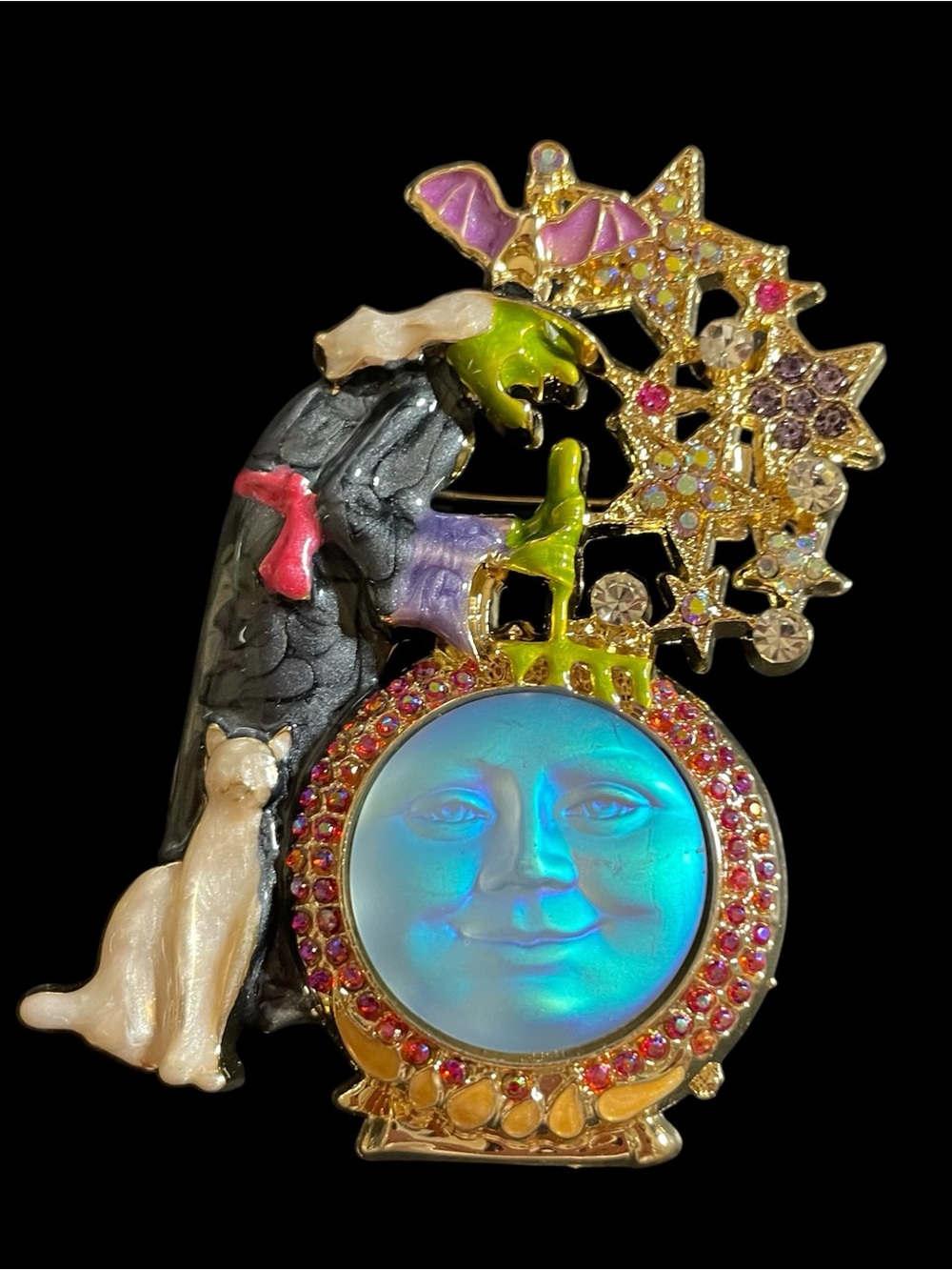 Mystic Moon, Witch, Cat Enamel Brooch - Iridescent Blue & Gold